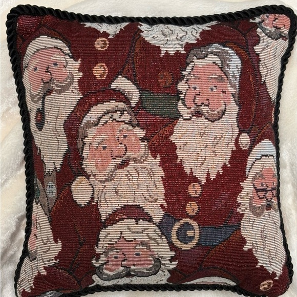 Santa Faces Pillow AOP Red White Green Metallic Thread Black Rope trim EUC - Picture 2 of 4